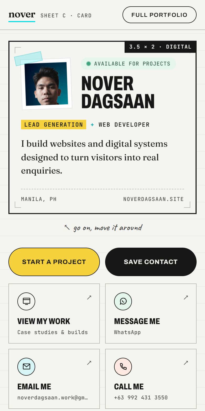 Preview of Nover Dagsaan’s digital calling card on a phone