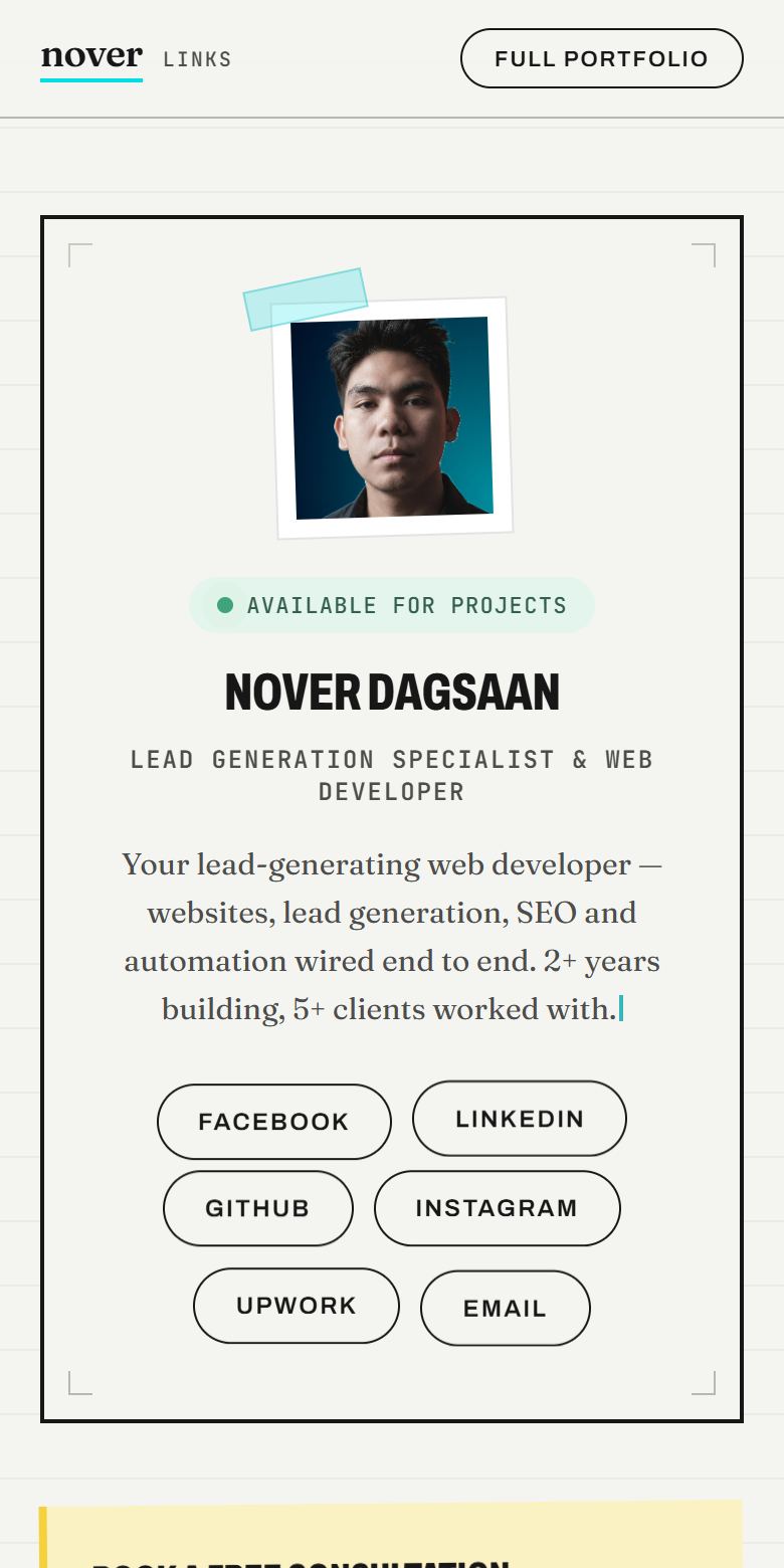 Preview of Nover Dagsaan’s own link-in-bio page on a phone