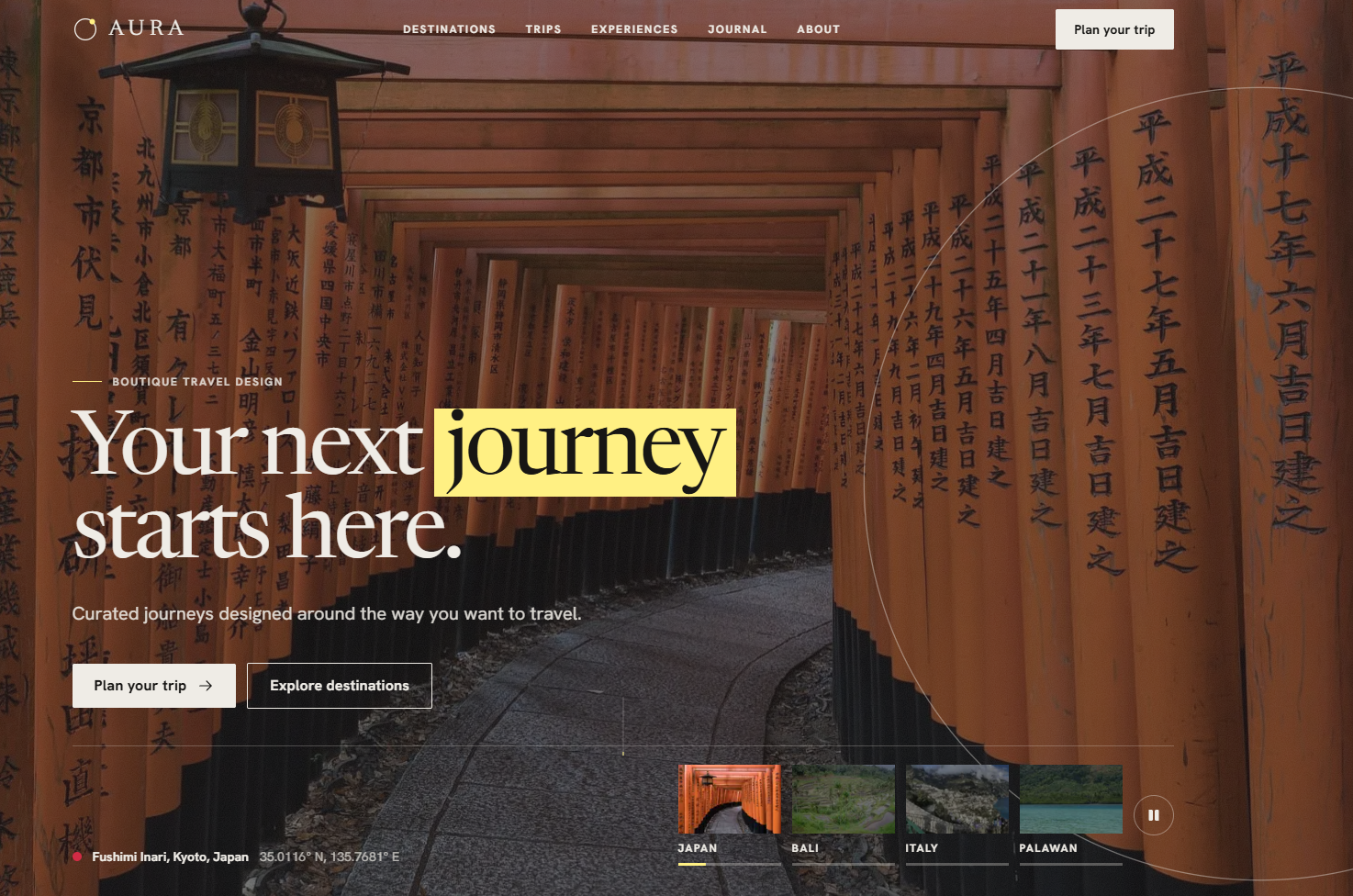 AURA travel homepage with the headline Your next journey starts here over the Fushimi Inari torii gates in Kyoto