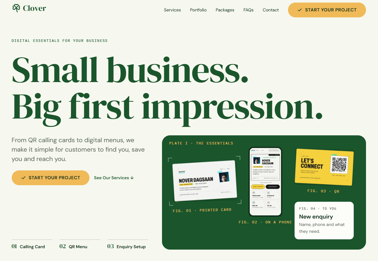 Clover Business Essentials homepage with the headline Small business. Big first impression. and a green plate showing a printed card, a phone, a QR card and a new-enquiry alert