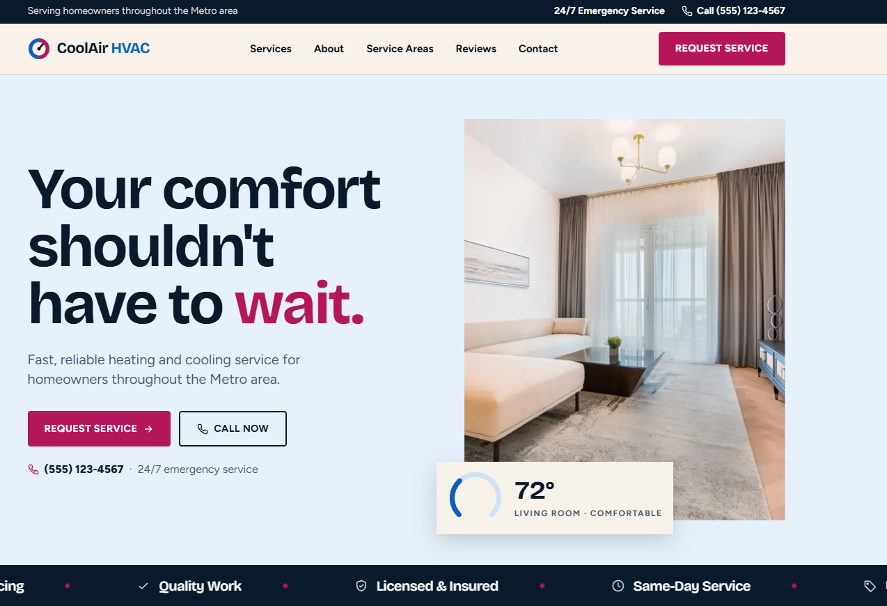 CoolAir HVAC homepage with the headline Your comfort shouldn't have to wait and a living room thermostat card