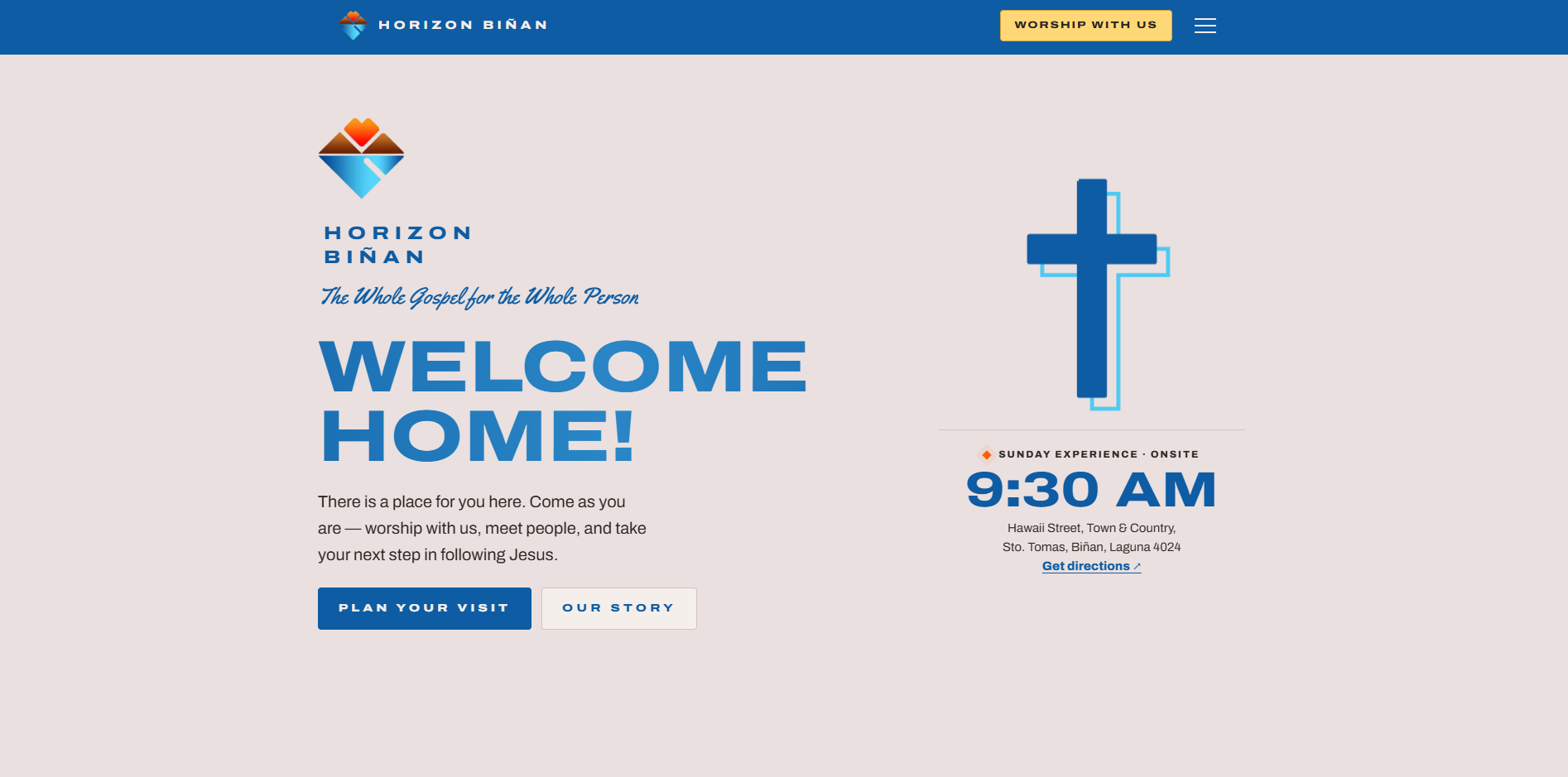 Horizon Biñan church website welcome page with Sunday service time