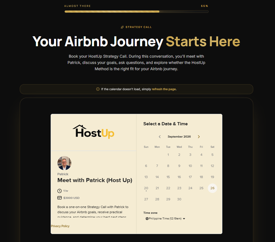 HostUp two-step booking flow connected to the calendar