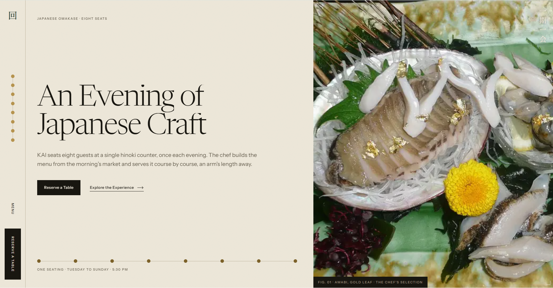 KAI Japanese omakase homepage with the headline An Evening of Japanese Craft and a plate of abalone with gold leaf