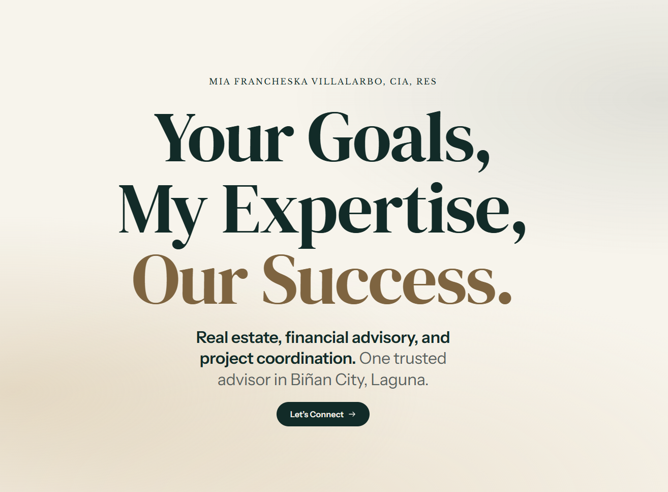 Mia Francheska Villalarbo advisor website with the headline Your Goals, My Expertise, Our Success and a Let's Connect button