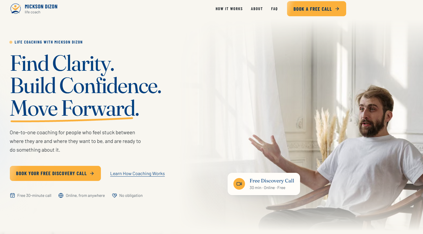 Mickson Dizon life-coaching site with the headline Find Clarity. Build Confidence. Move Forward.
