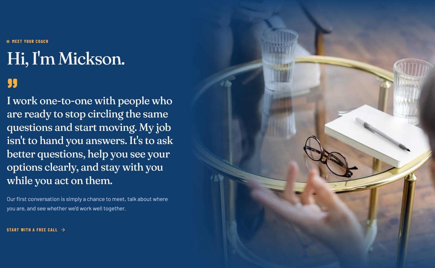 Meet your coach section with the heading Hi, I'm Mickson. and a Start with a free call link