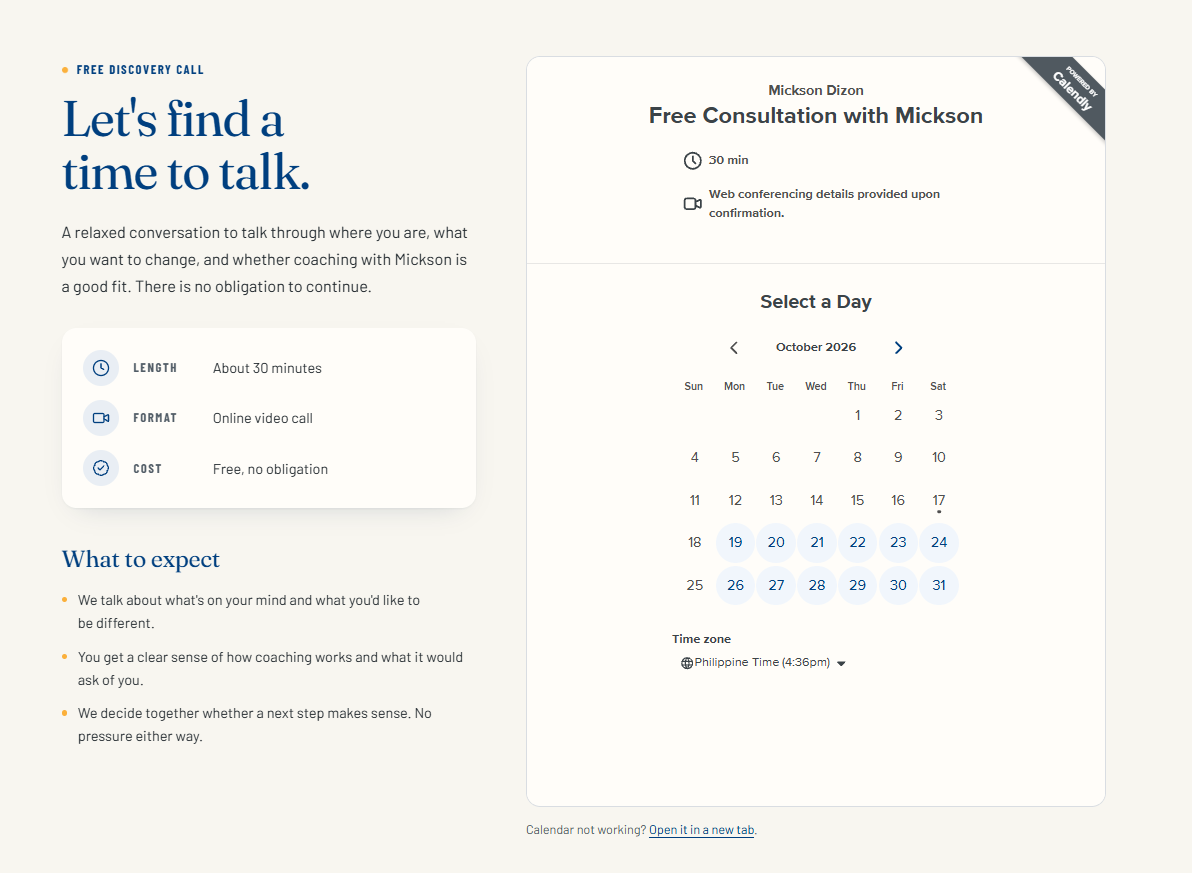 Free discovery call booking page with what to expect and an embedded Calendly calendar