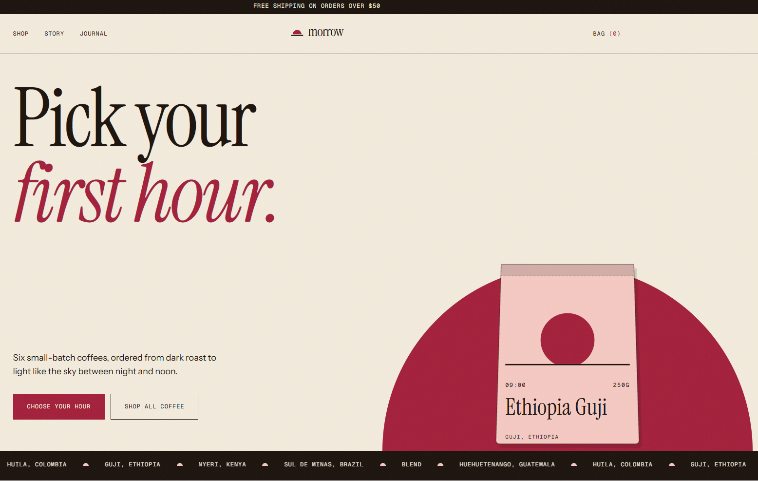 Morrow coffee roaster homepage with the headline Pick your first hour and an Ethiopia Guji coffee bag